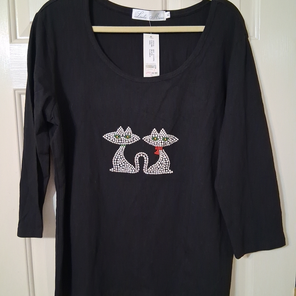 LESLIE MARIE SZ XL Black Rhinestone 2Cats 3/4 Sleeve Shirt NWT